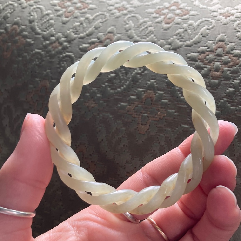 White Qing Dynasty Twisted Nephrite Jade Bangle With Russet Inclusions 58 MM